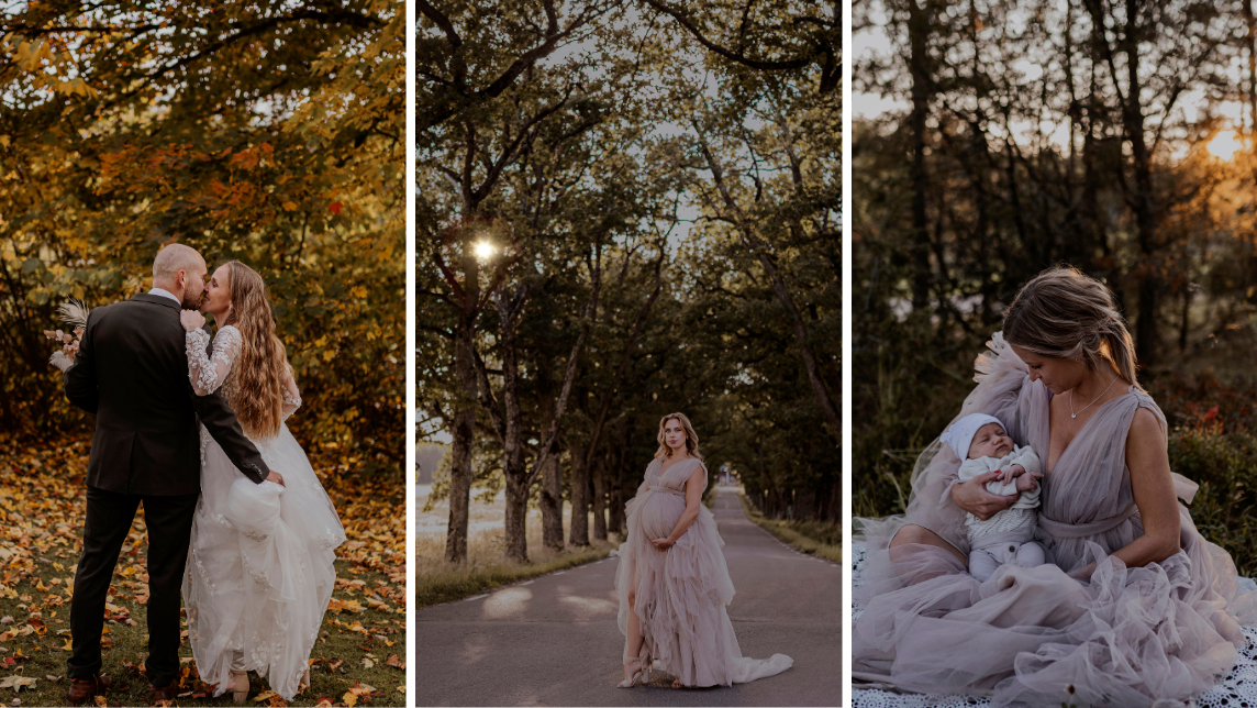 Ett brudpar, en gravid kvinna och en mamma med sin bebis